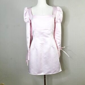 Murlong Cres Pink Satin Square Neck Puff Sleeve Tie Back Mini Dress Medium FLAWS